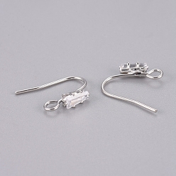 Real Platinum Plated Brass Earring Hooks, Ear Wire, with Clear Cubic Zirconia and Horizontal Loop, Long-Lasting Plated, Real Platinum Plated, 16x13x3.5mm, Hole: 2mm, 20 Gauge, Pin: 0.8mm