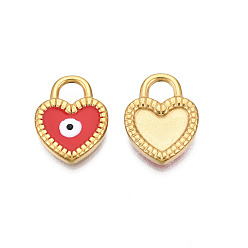 Dark Red 304 Stainless Steel Enamel Pendants, Real 18K Gold Plated, Heart with Evil Eye, Dark Red, 18x14x2.5mm, Hole: 4.5x4.5mm