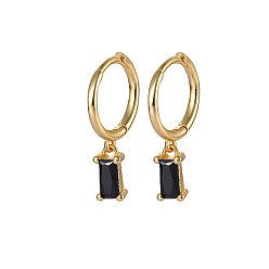 Black Real 18K Gold Plated 925 Sterling Silver Dangle Hoop Earrings for Women, Rectangle, Black, 19.8mm