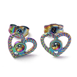 Rainbow Color Revestimiento iónico (ip) 304 fornituras de aretes de acero inoxidable, configuraciones de pendientes para diamantes de imitación, corazón, color del arco iris, 9x10 mm, pin: 0.7 mm, aptos para 2.5 mm de diamante de imitación