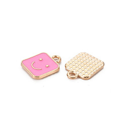 Perlas de Color Rosa Encantos del esmalte de la aleación, sin plomo y cadmio, la luz de oro, plaza con sonrisa, rosa perla, 13x10x1.5 mm, agujero: 1.6 mm