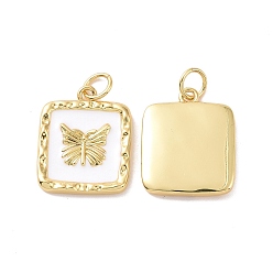 White Square with Butterfly Pattern Brass Enamel Pendants, with Jump Rings, Cadmium Free & Nickel Free & Lead Free, Real 18K Gold Plated, White, 17x14x2mm, Hole: 3.4mm