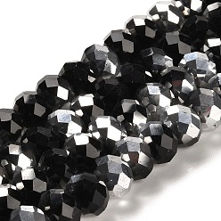 Black Electroplate Glass Beads Strands, Half Silver Plated, Faceted, Rondelle, Black, 12x8mm, Hole: 1mm, about 72pcs/strand, 23 inch