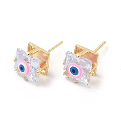 Pink Boucles d'oreilles carrées en verre avec mauvais œil en émail, bijoux en laiton plaqué or véritable 18k pour femmes, rose, 9x9mm, pin: 0.7 mm