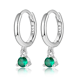 Green Rhodium Plated Platinum 925 Sterling Silver Hoop Earrings, with Cubic Zirconia Diamond Charms, with S925 Stamp, Green, 17mm
