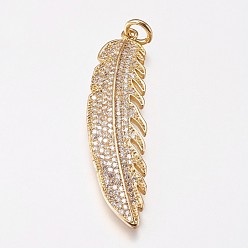 Golden Brass Micro Pave Cubic Zirconia Pendants, Feather, Golden, 45.5x12x2mm, Hole: 4mm