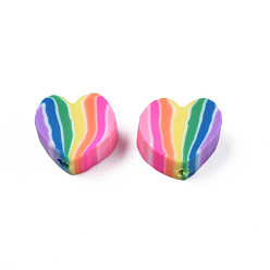 Colorful Handmade Polymer Clay Beads, Heart with Stripe Pattern, Colorful, 7.5~8x9~9.5x4~4.5mm, Hole: 1.2mm