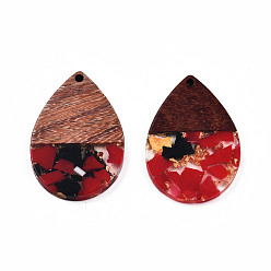 Crimson Transparent Resin & Walnut Wood Pendants, with Gold Foil, Teardrop Charm, Crimson, 36x24.5x3mm, Hole: 2mm