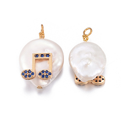 Dark Blue Natural Cultured Freshwater Pearl Pendants, with Brass Micro Pave Cubic Zirconia Findings, Nuggets with Musical Note, Golden, Dark Blue, 17~26x11~16x5~11mm, Hole: 1.6~2mm