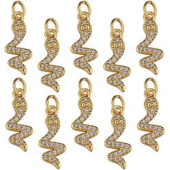 Golden 10Pcs Brass Micro Pave Clear Cubic Zirconia Pendants, Long-Lasting Plated, with Jump Ring, Snake, Golden, 15.5x6.5x2mm, Hole: 3mm
