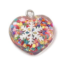 Colorido Colgante de acrílico, con fornituras de hierro, purpurina, corazón de san valentín con copo de nieve, colorido, 20.5x20x6.5 mm, agujero: 2 mm