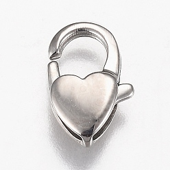 Stainless Steel Color Polished 316 Surgical Stainless Steel Lobster Claw Clasps, Heart, Stainless Steel Color, 12x7.5x3mm, Hole: 1.2mm