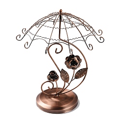 Red Copper Rotatable Umbrella Iron Earring Display Stands, Jewelry Organizer Rack for Earrings Showing, Desktop Decor, Red Copper, 29x35.2cm