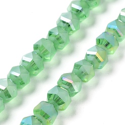 Средний Весенно-Зеленый Гальванизируйте прозрачное стекло бисер нитей, матовые, граненые, фонарь, средний весенний зеленый, 7x7.8x7.5 мм, отверстие : 1.5 мм, около 72 шт / нитка, 20.79'' (52.8 см)