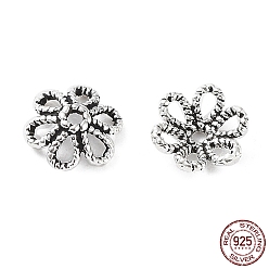Antique Silver 925 Sterling Silver Bead Caps, Flower, Antique Silver, 6x2mm, Hole: 0.8mm