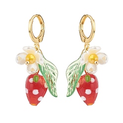 Colorful Lampwork Strawberry with Plastic Pearl Flower Dangle Leverback Earring, Gold Plated Brass Drop Earrings for Women, Colorful, 36mm, Pin: 1x0.8mm