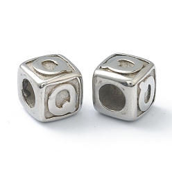 Letter Q 304 Stainless Steel European Beads, Large Hole Beads, Horizontal Hole, Cube with Letter, Stainless Steel Color, Letter.Q, 8x8x8mm, Hole: 4mm