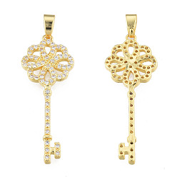 Real 18K Gold Plated Brass Micro Pave Clear Cubic Zirconia Pendants, Nickel Free, Key, Real 18K Gold Plated, 33x12x2mm, Hole: 2.5x5mm