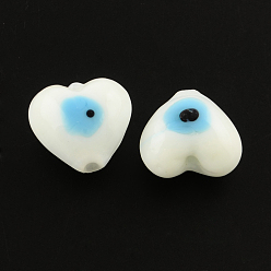 Blanc Cardiaques mauvais œil brins de perles au chalumeau, blanc, 13~15x15x9mm, Trou: 2mm, Environ 24 pcs/chapelet, 11.4 pouce