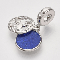 Real Platinum Plated Brass Cubic Zirconia European Dangle Charms, Large Hole Pendants, with Blue Enamel, Flat Round with Fox, Real Platinum Plated, 26mm, Hole: 4mm, Flat Round: 15x13x4.5mm