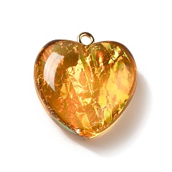 Naranja Colgantes de resina transparente, encantos del corazón, con lámina dorada y bucles de hierro en tono dorado, naranja, 23.5~24x22x11~12 mm, agujero: 2 mm