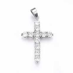 Stainless Steel Color 304 Stainless Steel Pendants, with Cubic Zirconia and Snap on Bails, Cross, Clear, Stainless Steel Color, 37.5x25x3.5mm, Hole: 5x7mm