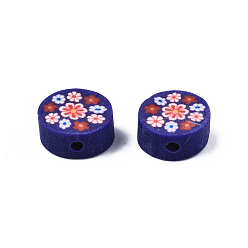 Indigo Handmade Polymer Clay Beads, Flat Round with Flower, Indigo, 9~10x4~4.5mm, Hole: 1.2~1.8mm