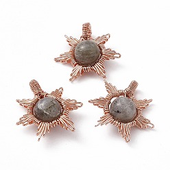 Labradorite Natural Labradorite Pendants, Sun Charms, with Rack Plating Rose Gold Tone Brass Findings, Cadmium Free & Lead Free, 26~28x24~28x10mm, Hole: 2x4mm