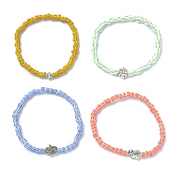Mixed Color Glass Seed & Alloy Beaded Stretch Bracelets, Mixed Shapes, Mixed Color, Inner Diameter: 2-1/8 inch(5.4cm)