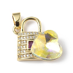 Yellow Real 18K Gold Plated Rack Plating Brass Micro Pave Clear Cubic Zirconia Pendants, with Glass, Long-Lasting Plated, Cadmium Free & Lead Free, Lock with Heart Charm, Yellow, 23x19x8mm, Hole: 5x3.2mm