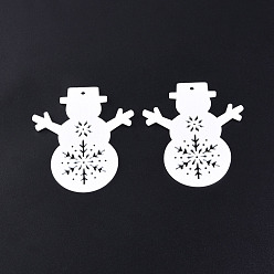 White Christmas Theme Spray Painted Wood Big Pendants, Snowman Charm with Hollow Snowflake, White, 67x59x2mm, Hole: 3mm