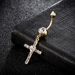 Clear Piercing Jewelry, Brass Cubic Zirconia Navel Ring, Belly Rings, with Surgical Stainless Steel Bar, Cadmium Free & Lead Free, Real 18K Gold Plated, Cross, Clear, 48x16mm, Bar: 15 Gauge(1.5mm), Bar Length: 3/8"(10mm)