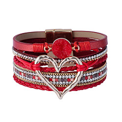 Rouge Bracelets multi-étoiles en simili cuir, strass style bohème et cristal druzy, bracelet à maillons pour femme, rouge, 7-5/8 pouce (19.5 cm), 30mm