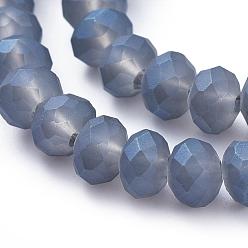 Medium Blue Full Rainbow Plated Faceted Rondelle Glass Beads Strands, Frosted, Medium Blue, 6x4mm, Hole: 1mm, about 100pcs/strand, 17.3 inch