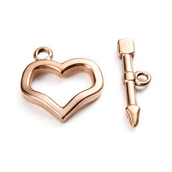 Rose Gold Ion Plating(IP) 304 Stainless Steel Toggle Clasps, Heart & Arrow, Rose Gold, Ring: 20x18x3mm, Hole: 2mm, Bar: 23.5x6.5x2.5mm, Hole: 1.8mm