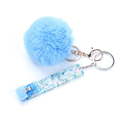 Light Sky Blue Wool Ball Keychain, with Iron Findings and PVC & Acrylic Card Holder, Light Sky Blue, 10x2cm