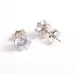 Stainless Steel Color Cubic Zirconia Stud Earrings, with Steel Pins, Stainless Steel Color, 8mm, Pin: 0.8mm