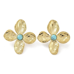 Synthetic Turquoise Synthetic Turquoise Flower Stud Earrings, Real 18K Gold Plated 304 Stainless Steel Earrings, 32.5x30mm