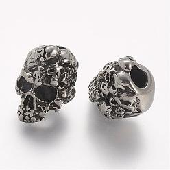 Antique Silver 304 Stainless Steel European Beads, Skull, Large Hole Beads, Antique Silver, 15.5x11x11.5mm, Hole: 4mm