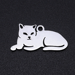 Couleur Acier Inoxydable 201 pendentifs chaton en acier inoxydable, Coupe au laser, forme de chat couché, couleur inox, 9.5x19x1mm, Trou: 1.2mm