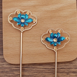 Light Gold Iron Enamel Hair Stick Findings, Rhinestones Settings, with Alloy Lotus, Light Gold, Pin Size: 120x2.5mm, Fit for 3mm Rhinestones