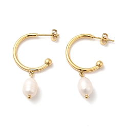 Golden Natural Pearl Dangle Stud Earrings, Ion Plating(IP)304 Stainless Steel Half Hoop Earrings for Women, Golden, 36mm, Pin: 0.8mm