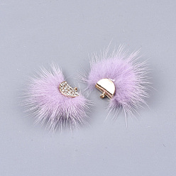 Violet Décorations pendantes de pompon en fausse fourrure de vison, avec strass et les accessoires en alliage, fan, or, violette, 24~28x29~34x8mm, Trou: 1.5mm