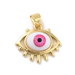 Deep Pink Brass Pendants, with Acrylic, Cadmium Free & Lead Free, Long-Lasting Plated, Evil Eye, Real 18K Gold Plated, Deep Pink, 16.5x19x6mm, Hole: 4x3.5mm