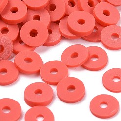 Rouge Orange Perles d'argile polymère faites à la main respectueuses de l'environnement, disque / plat rond, perles heishi, rouge-orange, 6x1mm, Trou: 2mm, environ23500 pcs / 1000 g
