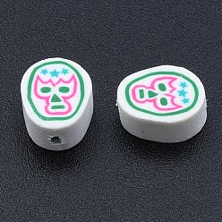 Camellia Handmade Polymer Clay Beads, Oval with Mask Pattern, Camellia, 10x8.5x4.5mm, Hole: 1.6mm