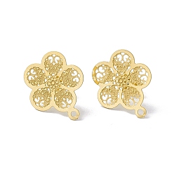 Golden 304 Stainless Steel Stud Earrings Finding, Hollow Plum Blossom, with Horizontal Loop, Golden, 18x15.5mm, Hole: 1.2mm, Pin: 0.85mm