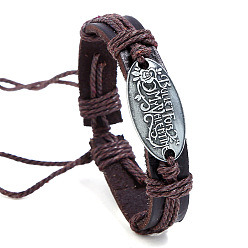 Coconut Brown Adjustable Cowhide Cord Bracelets for Men, Antique Silver Tone Oval Alloy Links Bracelets, Coconut Brown, 6-3/4 inch(17cm)