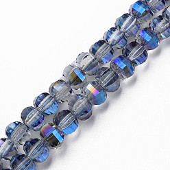 Royal Blue Electroplate Transparent Glass Beads Strands, Faceted, Round, Royal Blue, 9.5x8.5mm, Hole: 1.5mm, about 65~70pcs/strand, 22.05 inch~23.62 inch(56~60cm)