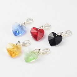 Mixed Color Heart Glass Pendants with Silver Color Plated Brass Lobster Claw Clasps, Mixed Color, 31mm